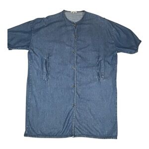 Oak + Fort Women's Denim Long Shirt Button Front Pockets Short‎ Sleeve OS